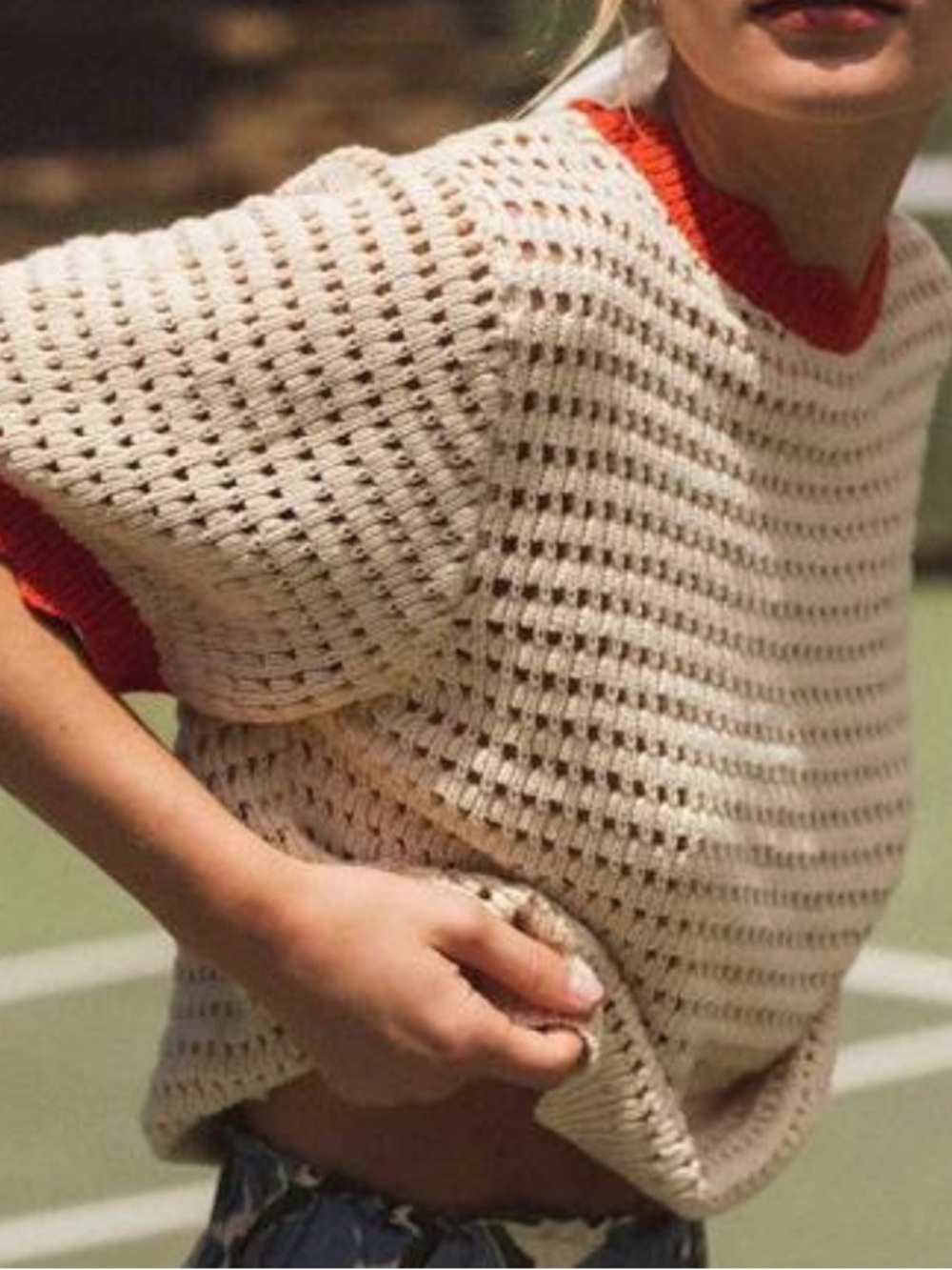 Trovata Jules Sweater Cream Open-Knit Short Sleeve Sweater with Coral Trim